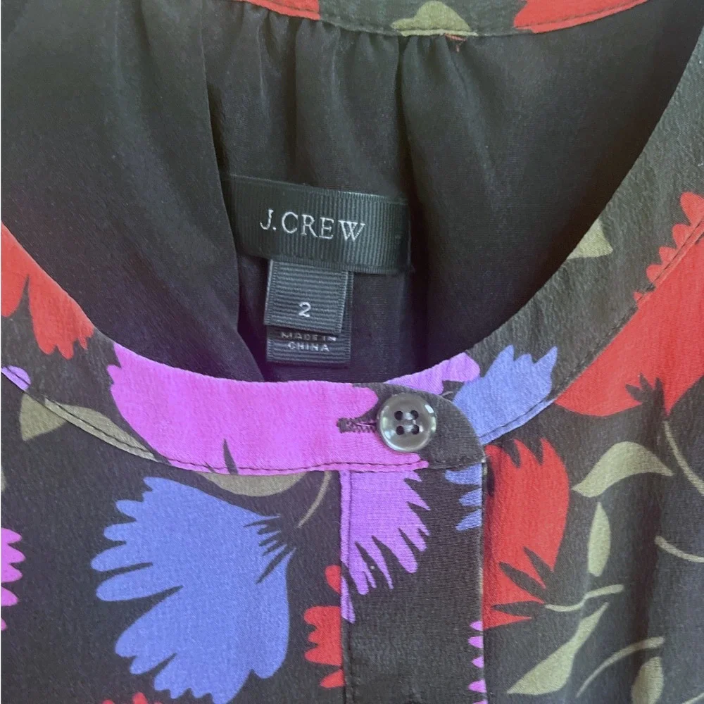 J.Crew Vibrant Floral Flutter Sleeve Black Silk Button Front‎ MIDI Dress  2